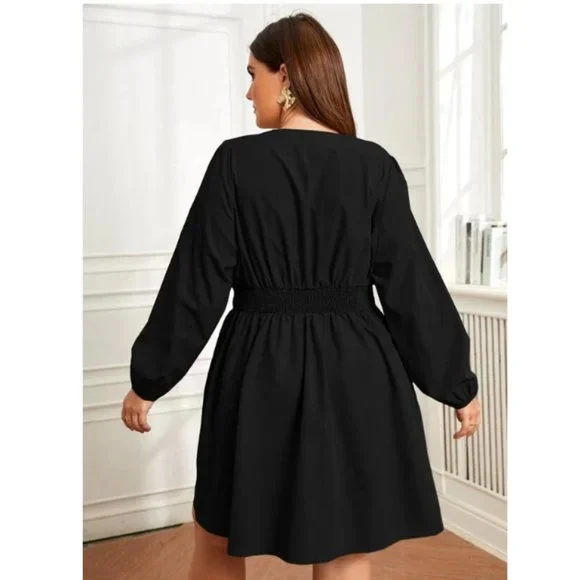 NEW Womens Plus Surplice Neck Lantern Sleeve Dress 4XL Plus 20 Black - Picture 4 of 6